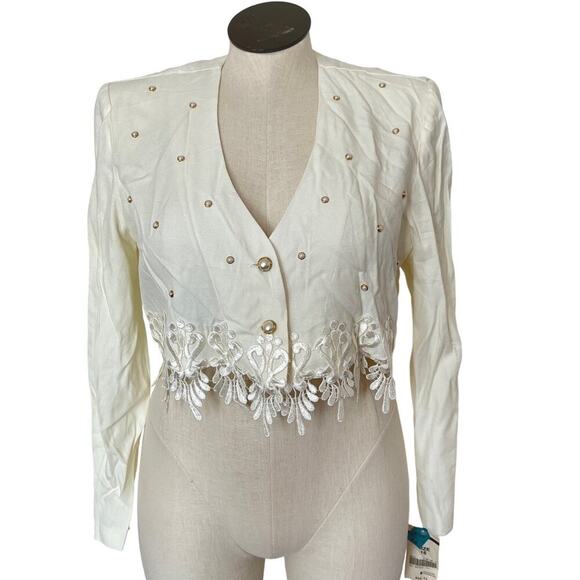 VTG R&M Richards Evening Jacket White Embroidered Bridal Shower Cropped Sz 16 - Picture 1 of 16